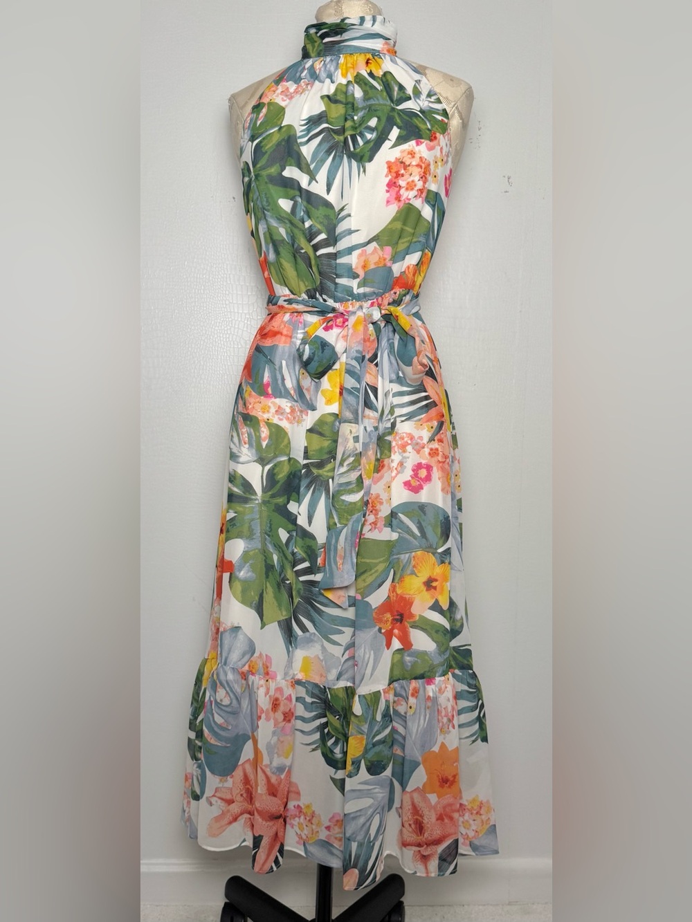Eliza J Tropical Halter Midi Dress XS Resort Vacation Floral Belted